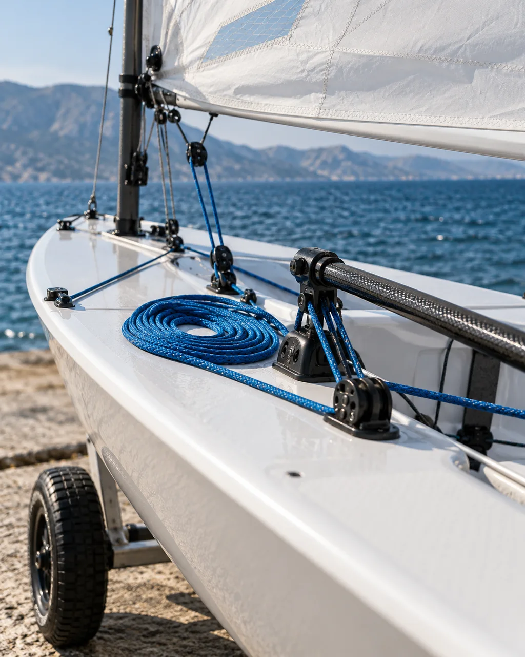 Illustrative close-up of blue mainsheet and rigging on a racing dinghy