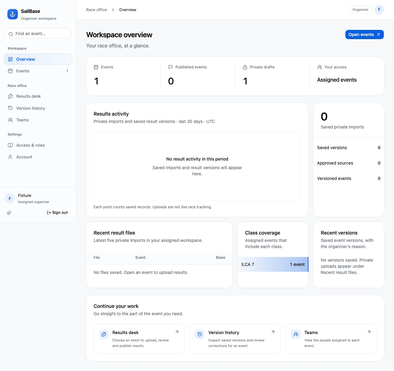 Sailbase organizer workspace showing event tools and version history with sample data